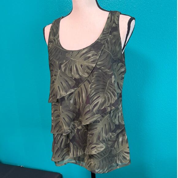 Michael Kors Green Botanical Layered Ruffle Round Neck Sleeveless Blouse Medium - Picture 3 of 12